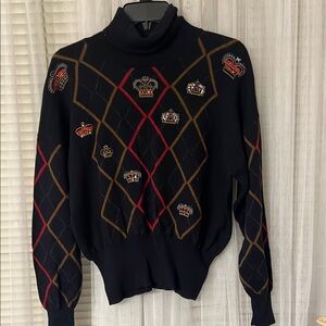 Vintage Escada Crown argyle sweater  40 Jewel Embroidered British Crown  Blue S1